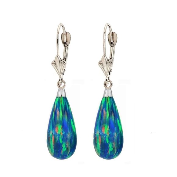 14k White Gold Green Teal Fire Opal Teardrop Dangle Leverback Earrings 1.5"